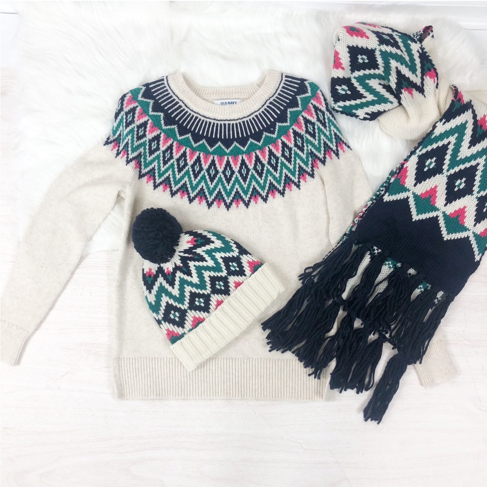 Fair Isle Cozy Shaker Stitch Sweater With Scarf and Pom Pom Beanie Hat.